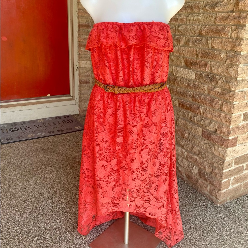 🌵 Trixxi Lace High Low Strapless Summer Dress Coral/Pink/Orange Size L Junior - Picture 9 of 10